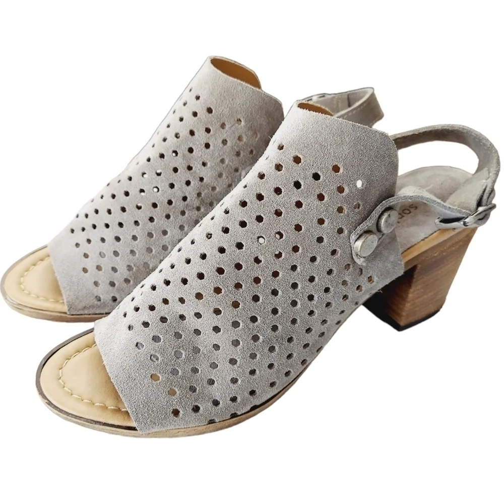 Sophia Milano Perforated Sandals Block Heel Womens Size 7 M Taupe Nubuck Leather